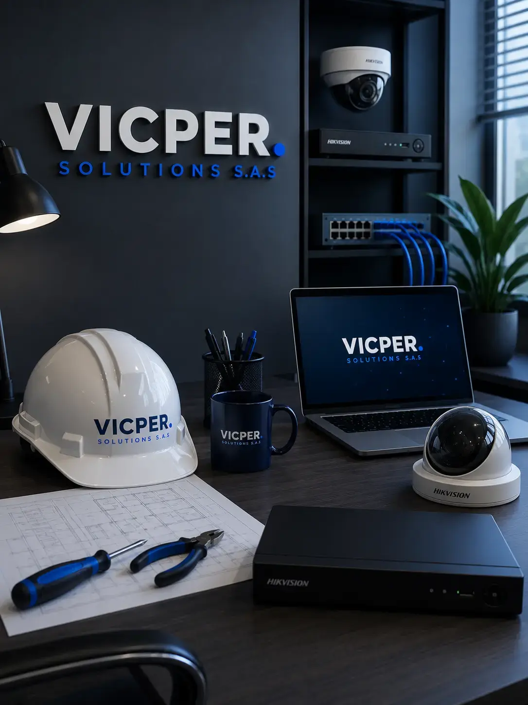 Espacio de trabajo de VICPER Solutions con cámaras de seguridad, grabador, switch de red y herramientas de instalación