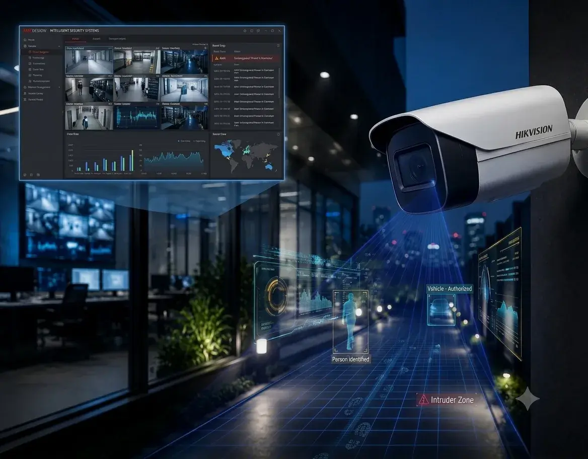 Cámara de seguridad Hikvision con panel de monitoreo de videovigilancia